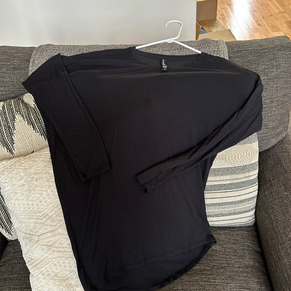 Athleta asymmetrical line long, sleeved, T-shirt, top, size small, solid black.